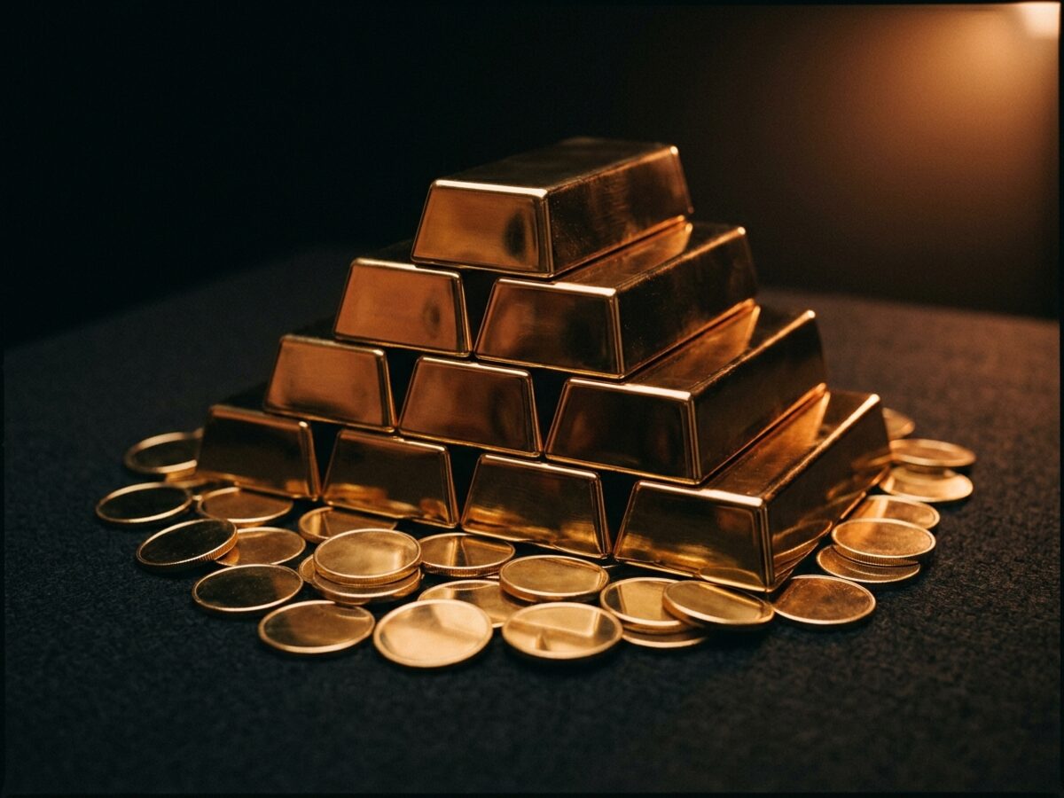 Stacked gold bullion bars with mirrored reflection on dark surface