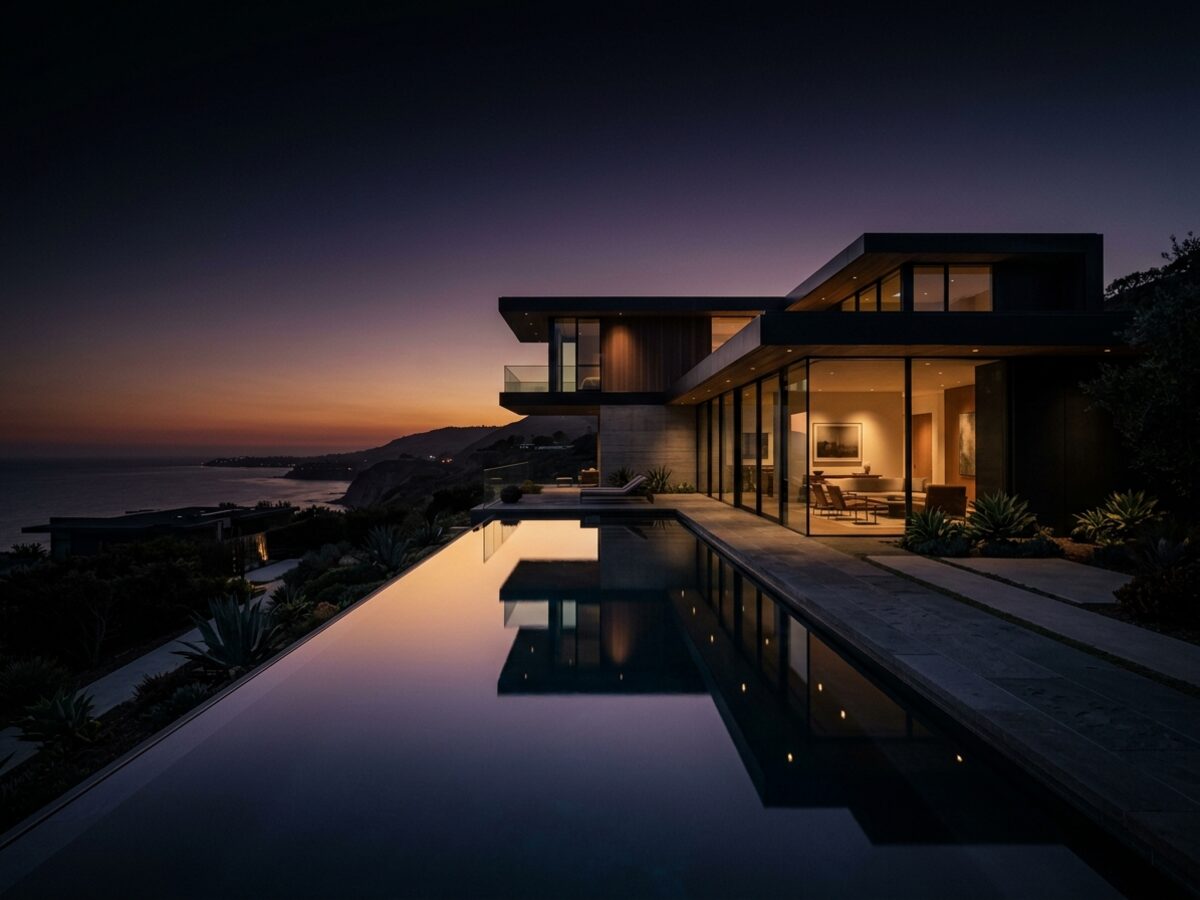 Modern luxury estate with sleek architecture, large windows, and manicured landscaping at dusk.